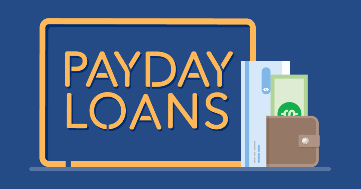 Illustration showing the words “Payday Loans” in bold yellow letters beside a credit card, cash, and a brown wallet on a blue background. Payday Loans Graphic with Card and Wallet